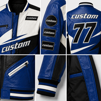 Blouson Bomber Moto Homme Personnalisé en PU avec Patchwork et Lettres, Bleu Blanc, Style Vintage, Vêtement d'extérieur de Motard, Fabricant