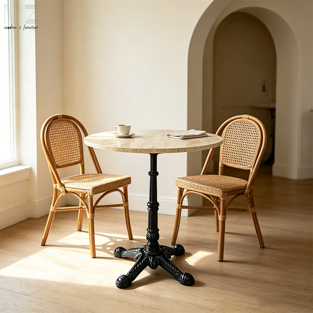 European Style Tavoli Ristorante Round Marble Exterieur 4 Seat Dining Table and Chair Set Black Outdoor Bistro Restaurant Table