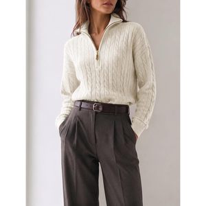 Pull personnalisé pour femme en maille torsadée, col montant, manches longues, coupe oversize, 100% coton, anti-rétrécissement, haut d'hiver - Product Image 3
