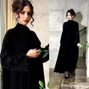 Abaya Nera Lusso da <span class=keywords><strong>Donna</strong></span> in Tessuto Nida, Taglia Unica, con Ricami di Perline, Ideale per la Preghiera e il Ramadan - Product Image 2
