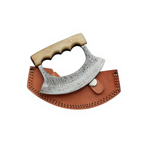 Custom Handmade Damascus Steel Ulu <b>Knives</b> <b>Bone</b> <b>Handle</b> With Leather Sheath Chopping and Cutting Chef Pizza Cutter <b>Knife</b> - Product Image 6