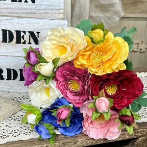 Bouquet de fleurs de pivoine artificielles en soie, design floqué, décoration de mariage, décoration de salon - Product Image 1
