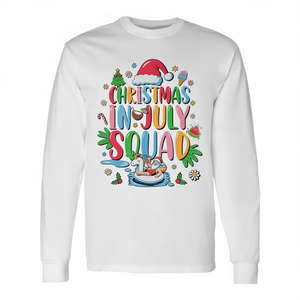 Camiseta de manga larga con estampado digital de cuello redondo unisex de Christmas In July Squad, Summer Vibes, para fiestas en la playa y reuniones familiares - Product Image 3