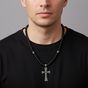 <span class=keywords><strong>Collana</strong></span> da <span class=keywords><strong>Uomo</strong></span> con Pendente a Croce e Teschio in Acciaio Inossidabile e Onice Opaco, Design Unico con Pietre Naturali e <span class=keywords><strong>Perline</strong></span> - Product Image 2