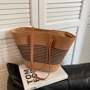 Nuevo Bolso Tote de Mujer con Cierre de Cremallera y Patrón a Rayas, Tejido de Paja, Gran Capacidad, para Playa, Verano, Combinable con Todo, Venta al Por Mayor - Product Image 4