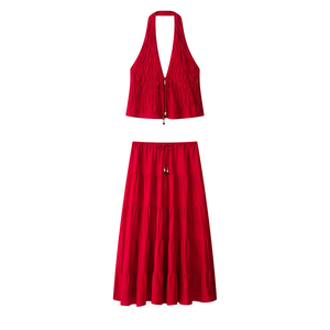 Conjunto de Top Halter de Lino Arrugado y Falda Midi Escalonada para Mujer 2026, Estilo Vintage para Vacaciones, Dos Piezas, OEM/ODM por Fábrica China - Product Image 1