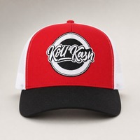 Casquette de baseball rouge personnalisée style camionneur, dos en maille blanche, visière noire, patch brodé, réglable, vente en gros, OEM, faible MOQ