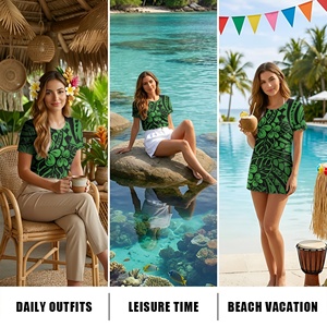 Blusas de Manga Corta con Estampado Tribal Polinesio Verde para Mujer, Camisetas Casuales con Cuello Redondo, Camisetas Básicas Suaves, Blusas de Trabajo, Camisas Elegantes - Product Image 4