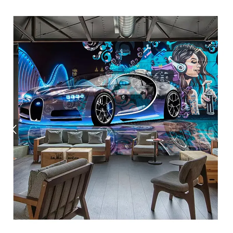 KOMNNI personalizado Mural Street Graffiti papel pintado coche deportivo creativo 3D papel tapiz para restaurante café Bar decoración pintura de pared