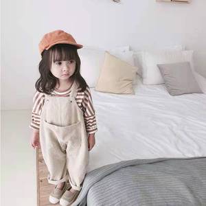 Conjunto de Mono de una Pieza para Niñas, Primavera-Otoño, Color Sólido, Overol de Pana para Niñas Pequeñas y Camisetas a Rayas - Product Image 3