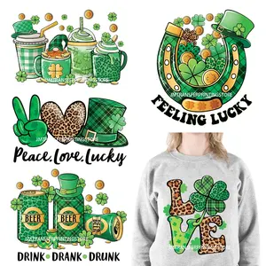 Diy Peace Love Luck Happy St Patrick 'S Day Design Printing Gevoel Gelukkige Groene Klavers Dtf Transfer Stickers Voor Kleding