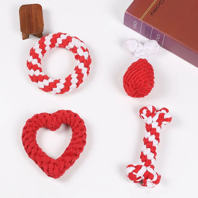 Grosir produk mainan tali anjing peliharaan katun tahan lama Hati Valentine mainan kunyah anjing peliharaan interaktif pernikahan Hari Valentine mewah untuk anjing