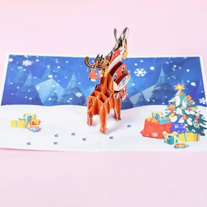 Wholesale luxury 3d popup greeting gift card and envelopes cute deer elk pop up christmas cards