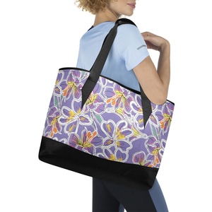 Lavender Hawaiian Summer Flowers Print Hand Bag Custom Zipper up Portable Insulated Cooler Lunch Tote Bag for Picnic - Product Image 5