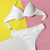 YY6119 Set Bikini Crop Solid putih pakaian renang wanita pakaian renang Bikini Brasil Push up bikini