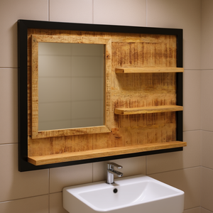 Espejo de Baño de Madera de Mango, Cuadrado, Sin Marco, para Colgar en la Pared, Diseño Rústico, 20-29 Pulgadas, Acabado Marrón y Negro - Product Image 2