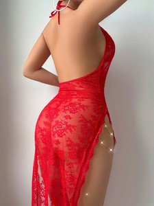 Vestido de lencería maxi sexy de encaje floral transparente para mujer con tirantes finos, abertura lateral alta y camisón de malla transparente con tanga al por mayor - Product Image 6