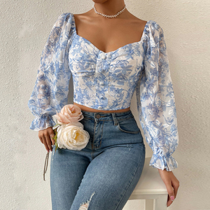 Top corto con maniche lunghe a sbuffo con stampa floreale Vintage da donna camicette eleganti in Chiffon Et Chemises Pour Femmes Top e camicette da donna - Product Image 4