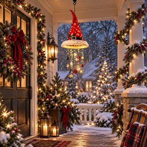Christmas <b>Lighted</b> Santa Hat Chandelier Warm Led Red Snowflake Holly <b>Berry</b> Decor Indoor Outdoor 3Pc Set - Product Image 5