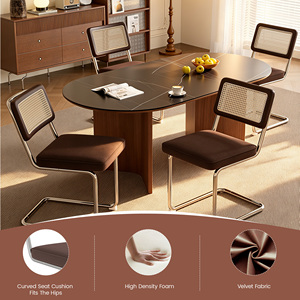 Metal Frame Dining Chair Woven Rattan Backrest Velvet Upholstered High Density <b>Foam</b> Seat Side Chair for Kitchen Restaurant Home - Product Image 2