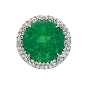 Custom Jewelry 14K/18K Solid Gold Big Round Cut Colombian Emerald and Diamond Double Halo Ring