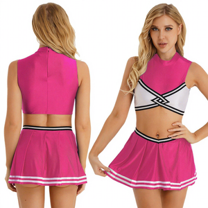 Pink Cheerleading Uniform Set Crop Top Skirt Adult Women's Dance Team Kit Custom LOGO Design Wholesale Rhinestones Dance <b>Dress</b> - Product Image 1