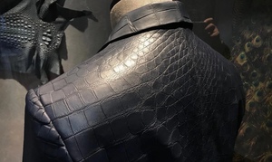 Men's Slim Fit Black Crocodile Leather <b>Jacket</b>, Turn-down Collar Single-Breasted Luxury Overcoat for Winter Formal Wear - Product Image 5
