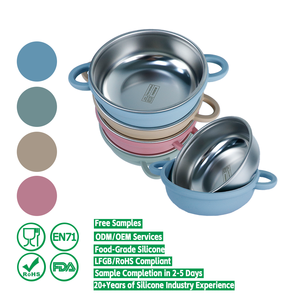 Tazón Infantil de Acero Inoxidable 304 con Revestimiento de Silicona |   Tazón de succión anti-escaldaduras de doble asa para pasta de arroz y alimentación <span class=keywords><strong>BLW</strong></span> - Product Image 1