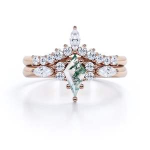 Anillo de Boda Cuadrado de Dos Capas con Corona para Mujer, Plata de Ley 925, Ágata Musgosa de 1.75 Quilates, Engaste de Garras, Certificado por Terceros - Product Image 4