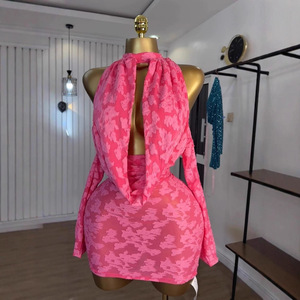 Robes sexy pour femmes, à épaules dénudées, manches longues, col bouffant, jacquard, tendance - Product Image 1