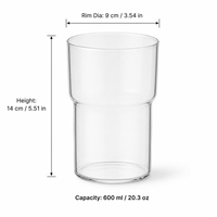 Gobelet à eau en verre borosilicate transparent de haute qualité, design cylindrique à large ouverture, 20 oz, avec logo personnalisé moderne, pour jus, lait, soda, café glacé