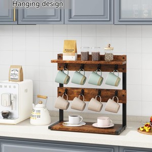Vintage Distressed Wooden Cup <b>Rack</b> With Hooks 4 Layers <b>Kitchen</b> Storage Organizer For Mugs And Coffee Supplies - Product Image 1