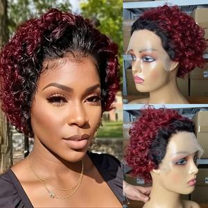 Usine Pixie Curly Perruques de <span class=keywords><strong>Cheveux</strong></span> Humains 13X1 Perruques Transparentes Courtes Bouclées Avant Dentelle 100% Perruques Humaines Couvre-chef pour Femmes Afro Noires - Product Image 2