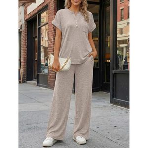 Ensemble de détente 2 pièces FOXA pour femme – Haut tricoté à manches courtes et col en V, tenue décontractée d'été, pyjama respirant - Product Image 6