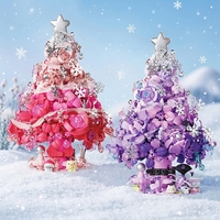 Ensemble de blocs de construction pour arbre de Noël, 2 pièces, modèle de briques florales roses et violettes avec étoile et flocon de neige, décoration de Noël DIY, cadeau