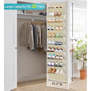 Organisateur de chaussures à suspendre sur la porte à 10 niveaux, poches profondes, pour porte de placard, capacité de 20 paires, beige - Product Image 2