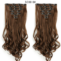 Ekstensi Rambut Sintetis Eropa Amerika 16 Kartu Set Tujuh Potong Tahan Panas, Wig Keriting Panjang Tanpa Sambungan, Model Clip-in