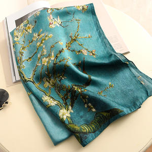 Foulard en satin de soie à fleurs d'abricot inspiré de Van Gogh, châle long à double usage avec imprimé de style sergé d'été pour le printemps et l'automne - Product Image 1