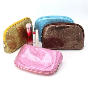 Hot Selling Shiny Half Moon Shaped Golden Glitter Fabric Makeup Storage Bag Girls Pretty Clutch Beauty Cosmetic Bag Small Pouch
