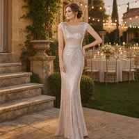 Robe de soirée champagne à sequins et dentelle, col bateau, ornée de perles et de franges, longueur ras du sol, sur mesure, vente en gros