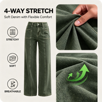 Jean droit taille haute à couture avant pour femme, coupe ample, en denim vert, vente en gros usine