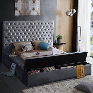 Diseño de lujo de <span class=keywords><strong>cama</strong></span> doble, ideas modernas para dormitorios, base de <span class=keywords><strong>cama</strong></span> tapizada negra con almacenamiento. - Product Image 4