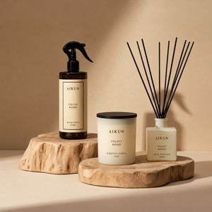 Ensemble de parfums d'ambiance Aikun Oud Leather Black Glass 3 pièces 300ML Vaporisateur d'ambiance 100ML Diffuseur à bâtonnets et 160G Bougie parfumée pour hôtels - Product Image 2