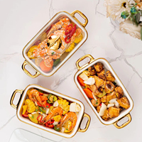 Ensemble de trois pièces en céramique nordique, cocotte rectangulaire dorée pour la cuisson et le maintien au chaud, vaisselle et assiettes pour services hôteliers