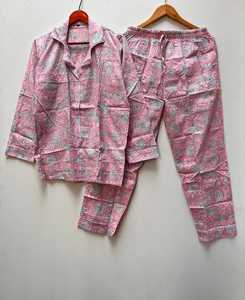 Pijamas de algodón con estampado floral para mujer, manga tres cuartos, cuello vuelto, ropa de dormir informal, largo completo, cintura media - Product Image 1