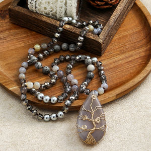 Joyería bohemia de moda, collar bohemio de 8mm para mujer, piedras naturales, piedras preciosas de cristal, collar con colgante de árbol de la vida trenzado dorado - Product Image 2