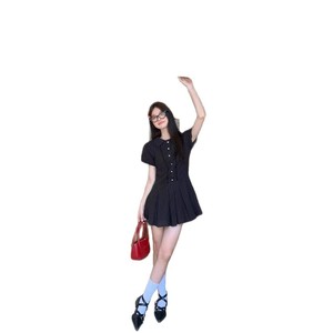 White Shirt Dress For Women Short Sleeve Polo Neck Pleated Skirt Set Breathable Casual Daily Wear - Product Image 4