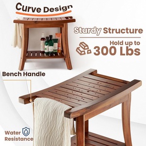 Banc de douche en bois massif avec étagère de rangement, siège de salle de bain imperméable, tabouret de douche pour la maison, 50,8x34,3x44,5 cm - Product Image 5
