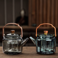 Théière en verre borosilicate soufflée à la main, grande capacité 1000 ml, avec infuseur, poignée en acajou et finition gris fumé, pour thé aux bulles (bubble tea)