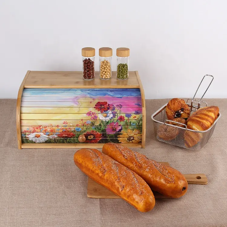 Milieuvriendelijke Keuken Opslag Grote Houten Bamboe Brooddoos Met Print Teller Roll Top Organizer